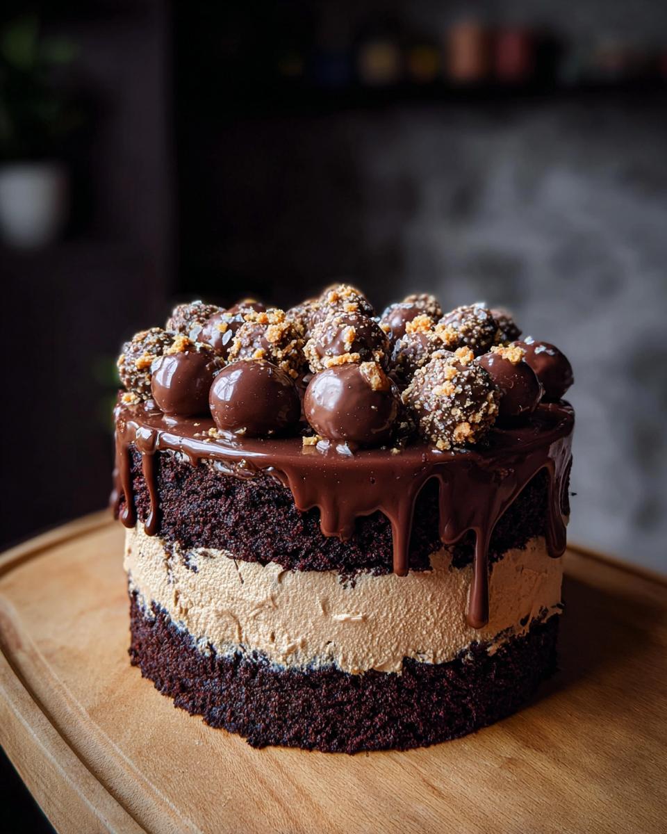 A rich, layered Dark Chocolate Truffle Cake topped with chocolate ganache drips and hazelnut truffles.