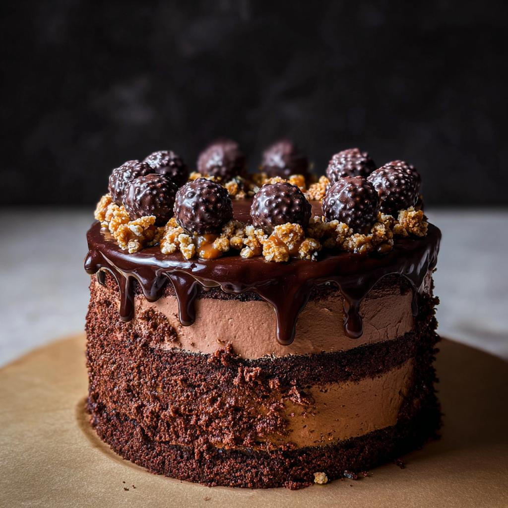 A rich, layered Dark Chocolate Truffle Cake topped with chocolate ganache drip, crunchy nuts, and chocolate spheres.