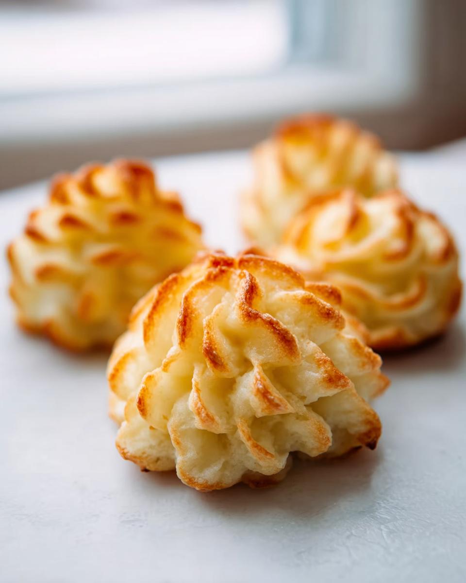 Close-up of four perfectly piped and baked Duchess Potatoes with golden brown edges.