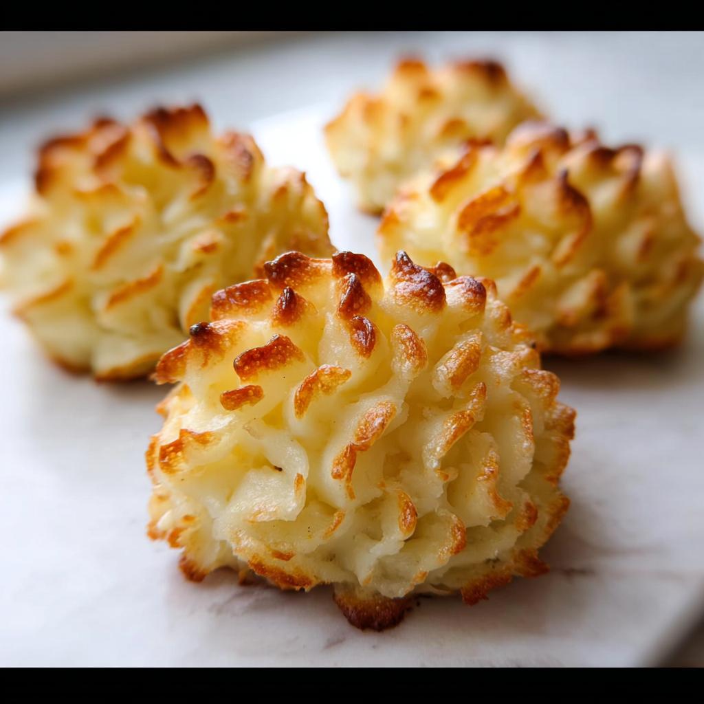 Close-up of perfectly piped and baked Duchess Potatoes with golden brown, crispy edges.