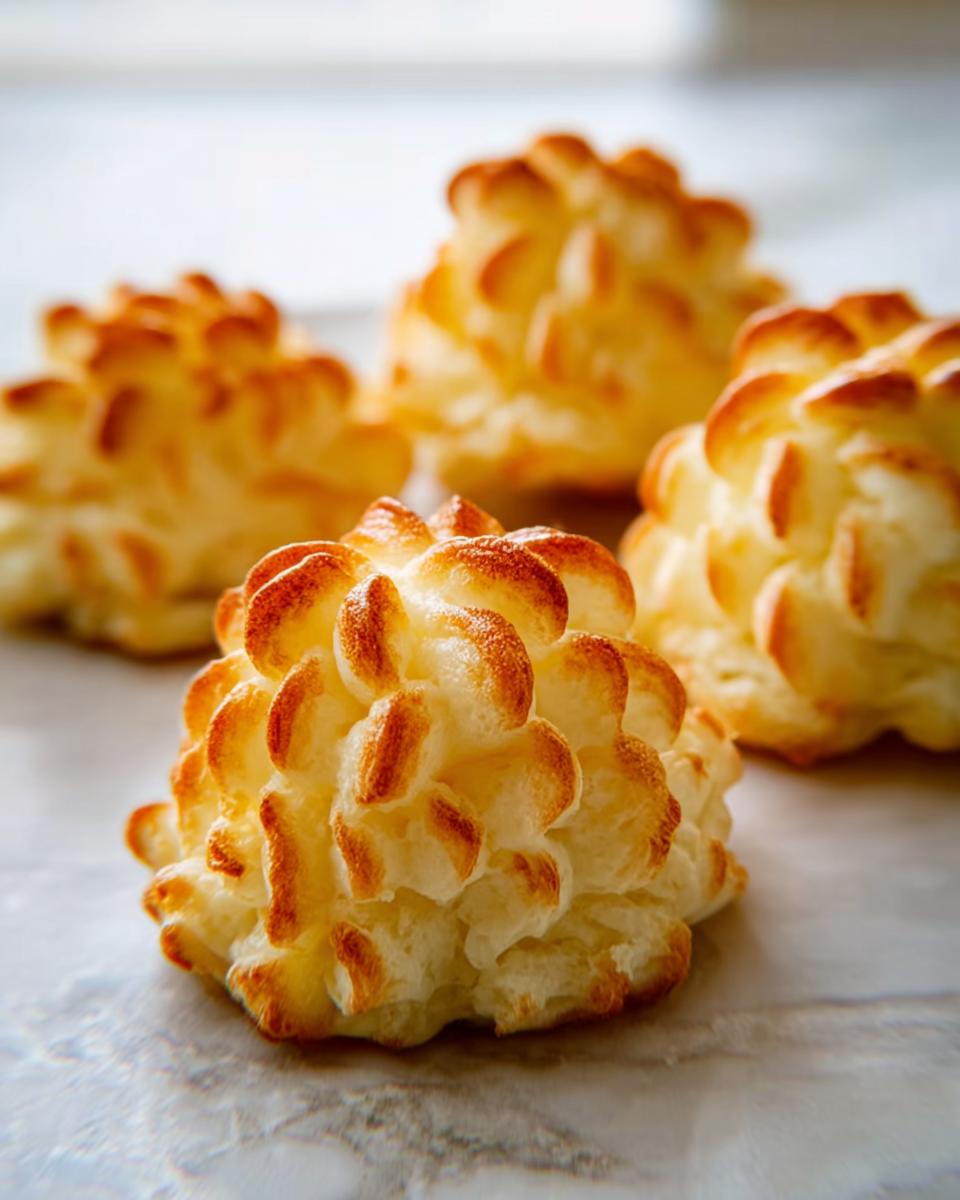 Close-up of four beautifully piped and baked Duchess Potatoes (Make Ahead) with golden brown peaks.