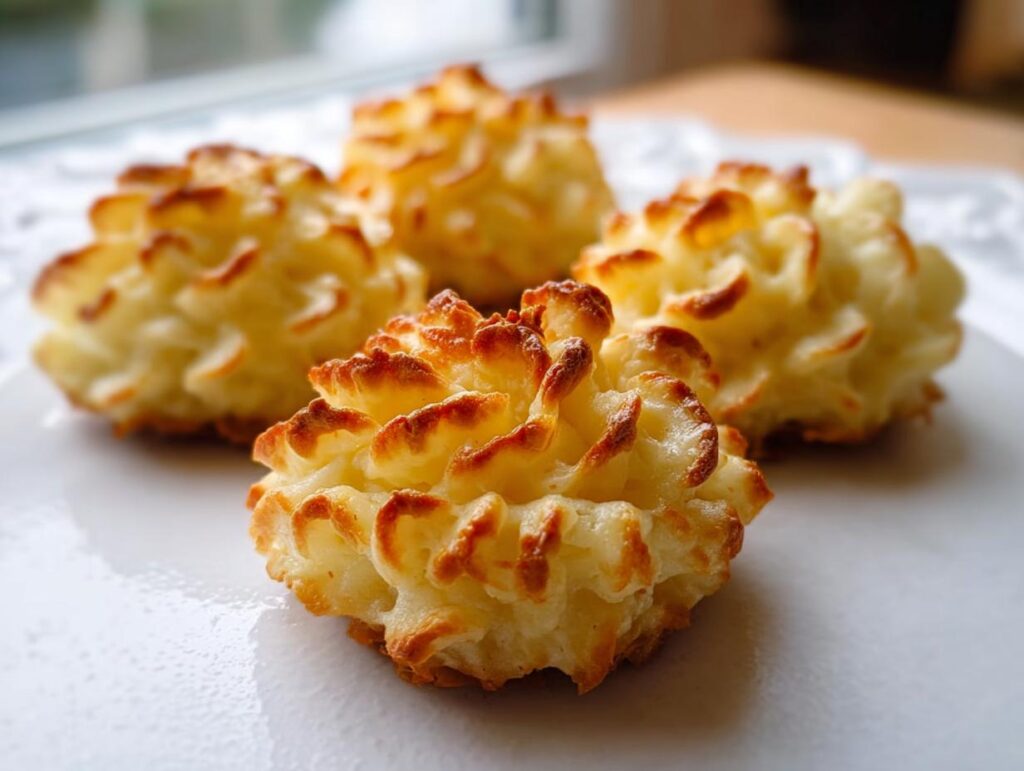 Close-up of four perfectly piped and baked Duchess Potatoes (Make Ahead) showing golden brown, crispy edges.