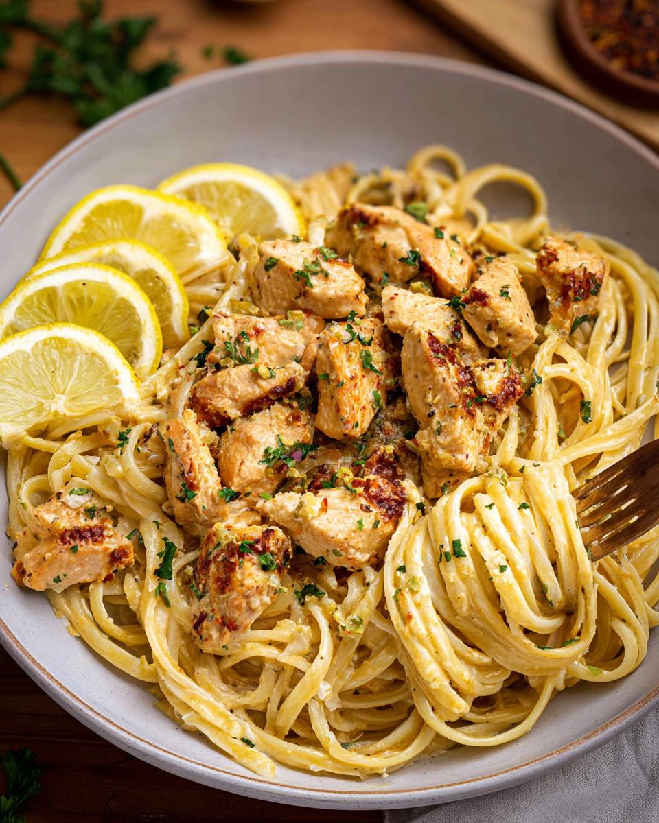 Close-up of Easy Cowboy Butter Chicken Linguine with chunks of seasoned chicken and lemon slices.