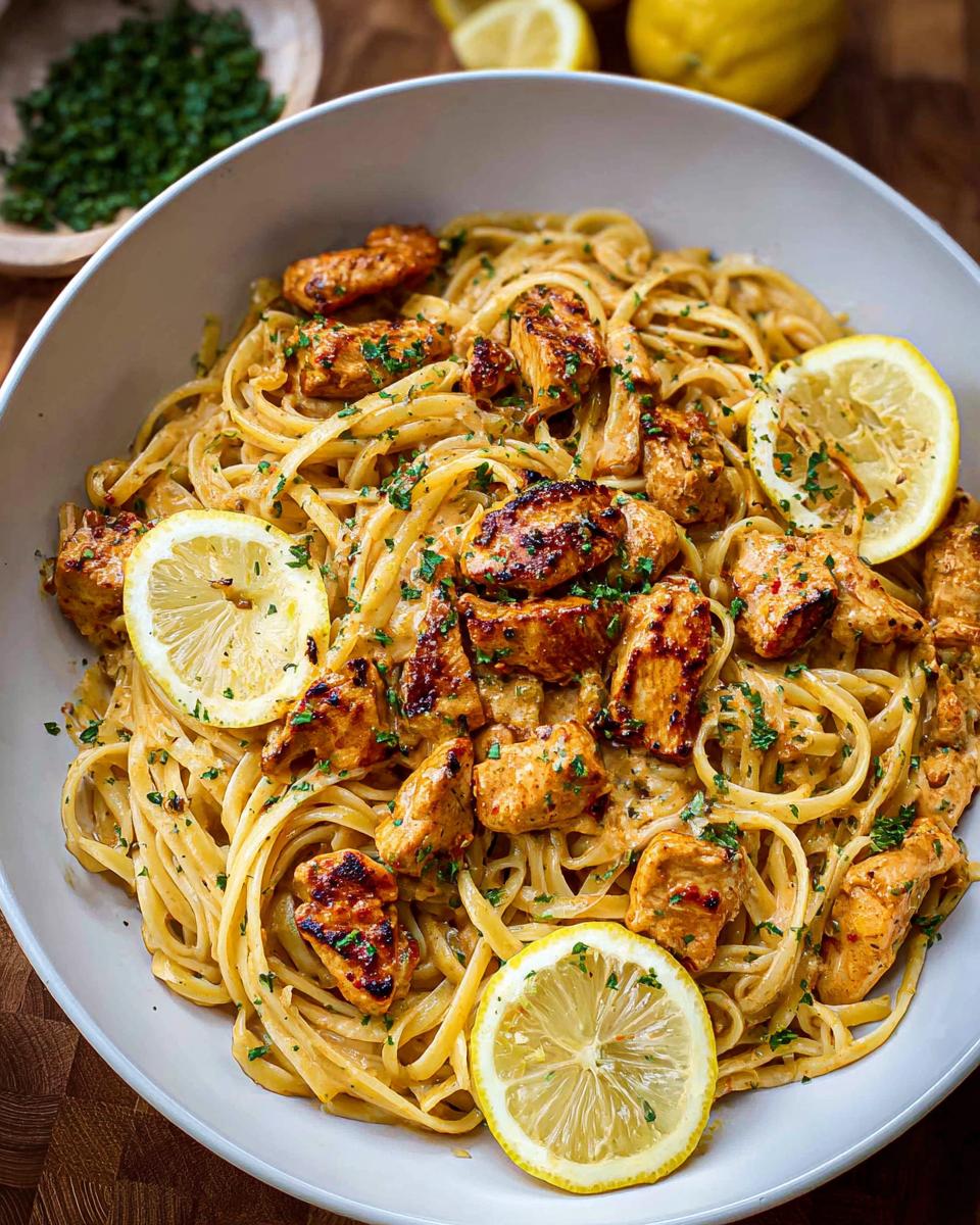 Close-up of Easy Cowboy Butter Chicken Linguine tossed in creamy sauce, topped with grilled chicken pieces and lemon slices.
