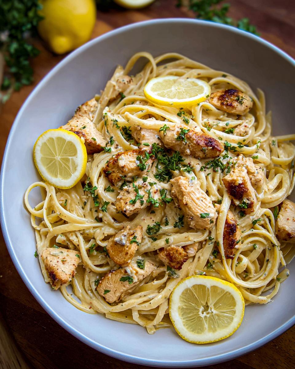 Close-up of Easy Cowboy Butter Chicken Linguine tossed in creamy sauce, garnished with lemon slices and parsley.
