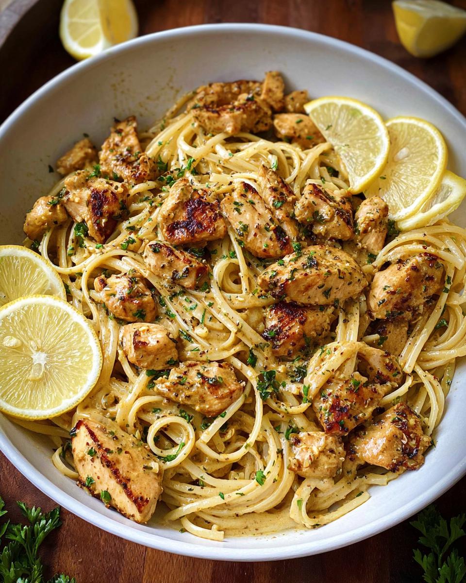 A close-up of Easy Cowboy Butter Chicken Linguine with grilled chicken pieces and lemon slices in a white bowl.