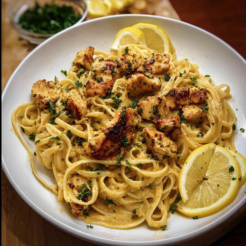 A bowl of Easy Cowboy Butter Chicken Linguine tossed in a creamy sauce and garnished with parsley and lemon slices.