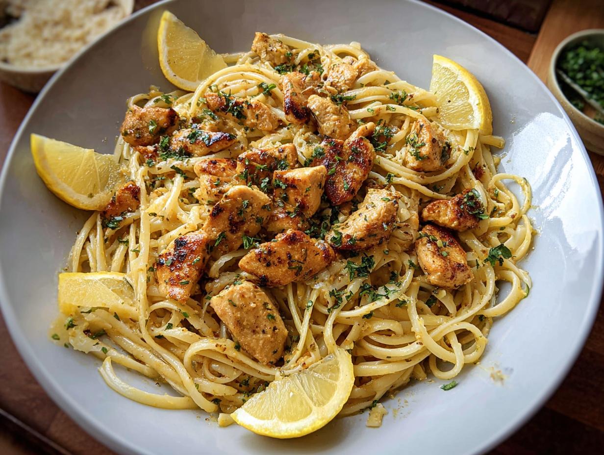 A bowl of Easy Cowboy Butter Chicken Linguine topped with seasoned chicken pieces and lemon wedges.