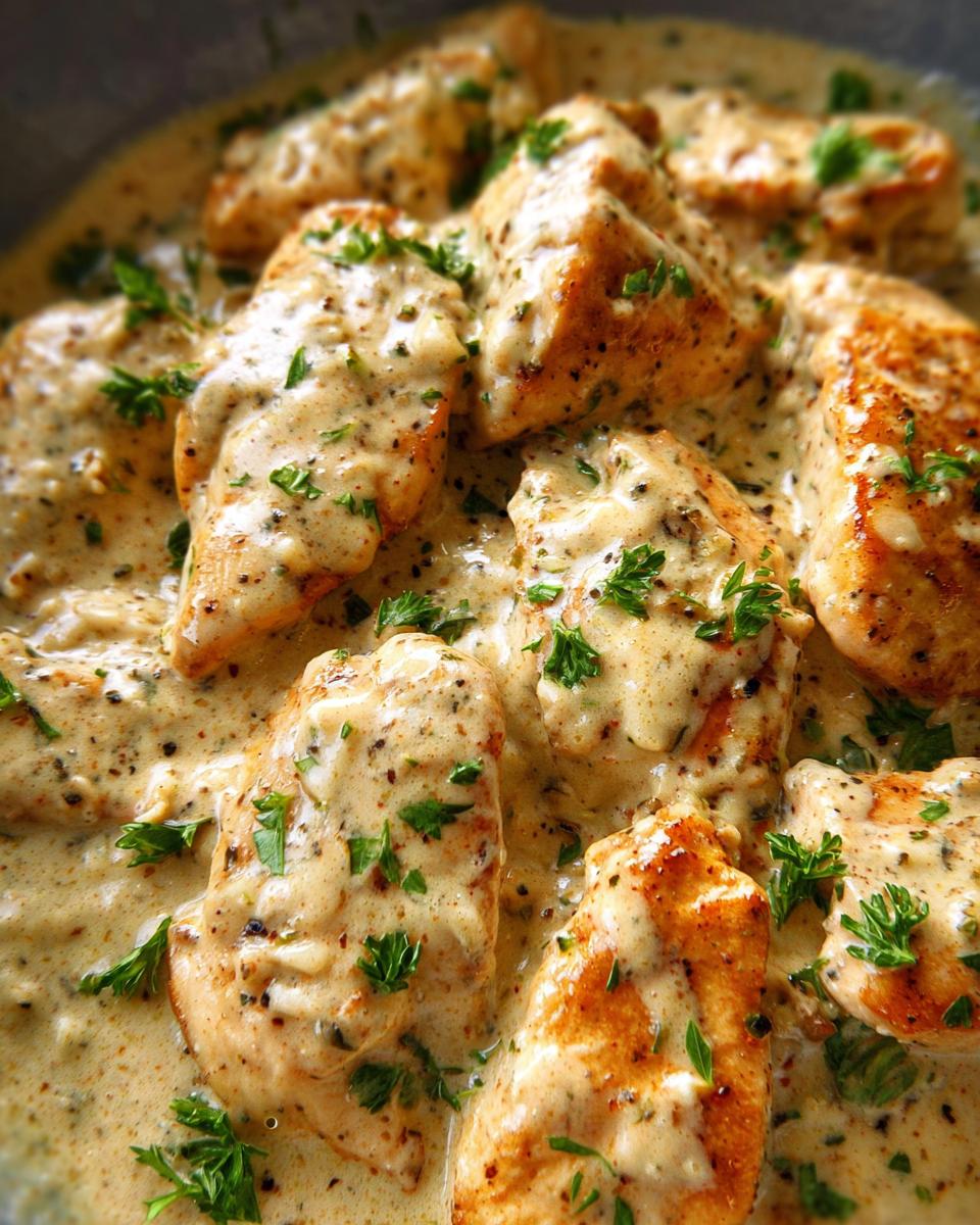 Close-up of seared chicken pieces smothered in a rich, creamy ranch sauce and garnished with fresh parsley.
