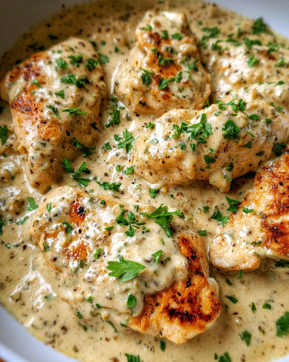Close-up of seared chicken breasts smothered in a thick, creamy sauce, garnished with fresh parsley, showcasing the Easy Creamy Ranch Chicken Recipe.