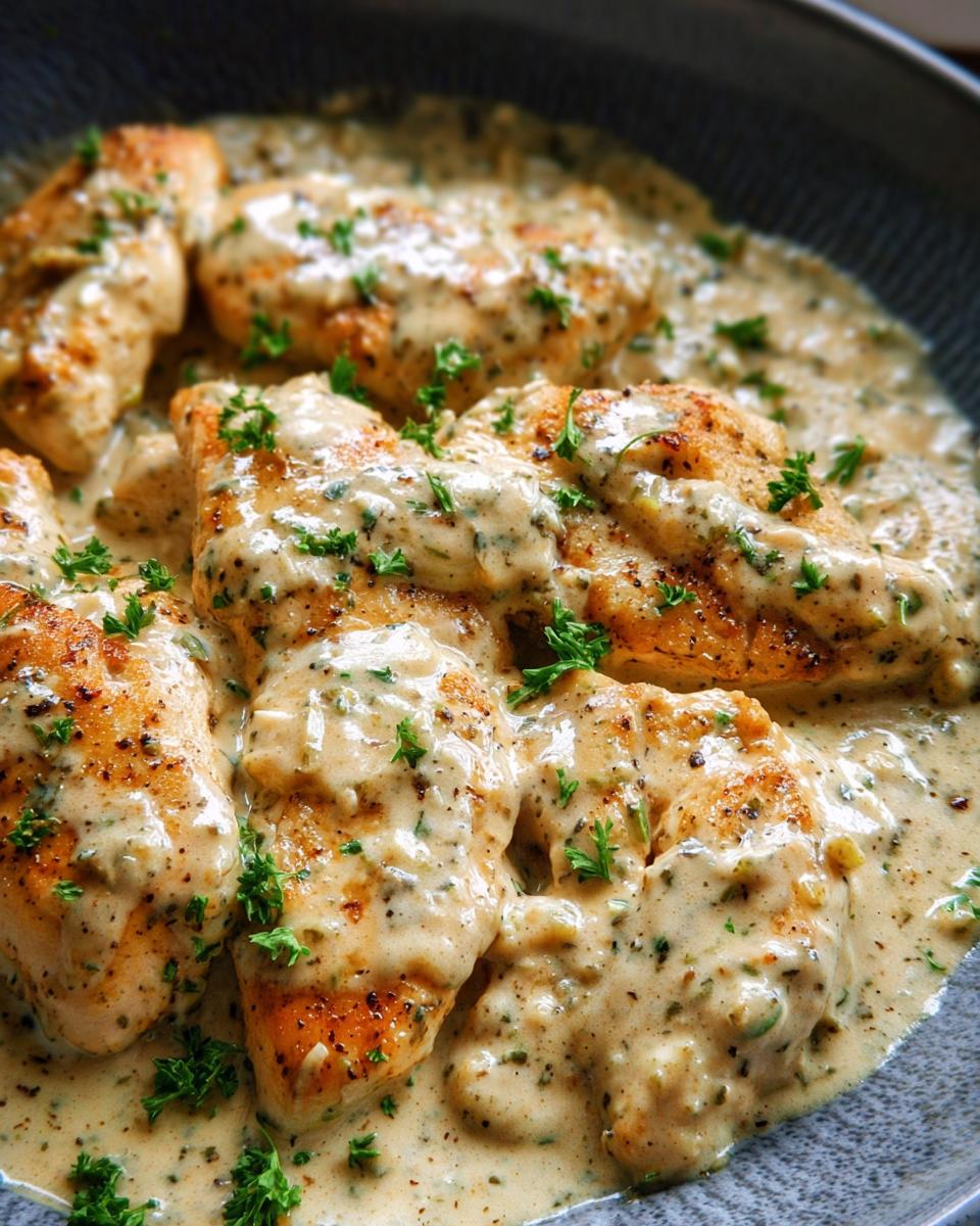 Close-up of seared chicken breasts smothered in a thick, creamy ranch sauce, garnished with fresh parsley.