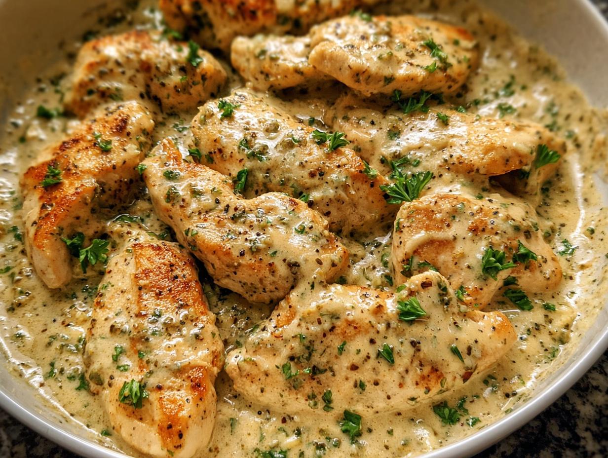 Several golden-brown chicken tenders smothered in a thick, creamy sauce speckled with herbs and pepper from the Easy Creamy Ranch Chicken Recipe.