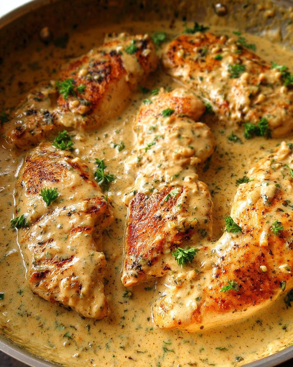 Close-up of seared chicken breasts simmering in a rich, creamy ranch sauce, garnished with parsley.