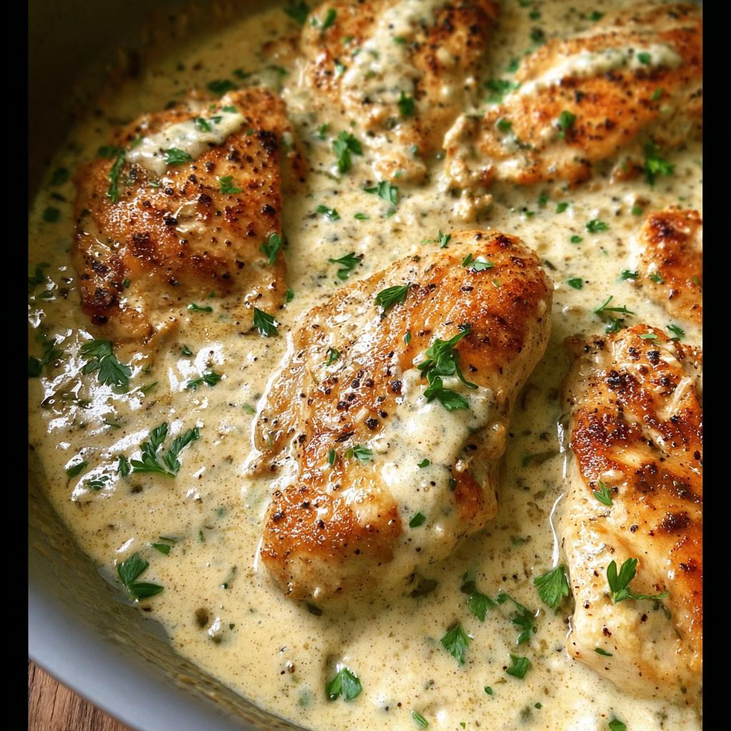 Close-up of seared chicken breasts simmering in a thick, creamy ranch sauce, garnished with parsley.