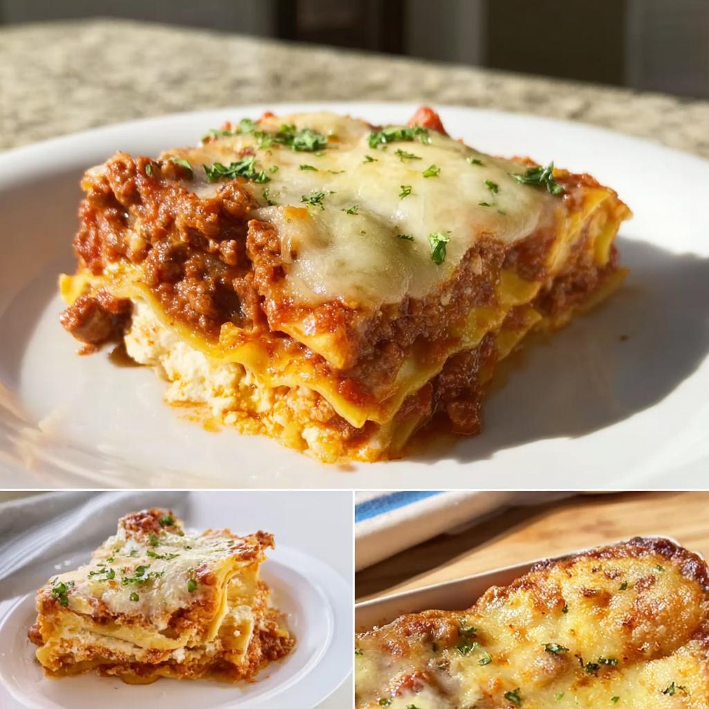 A generous slice of cheesy, meaty lasagna, perfect for an Easy Lasagna Dinner for Busy Families.