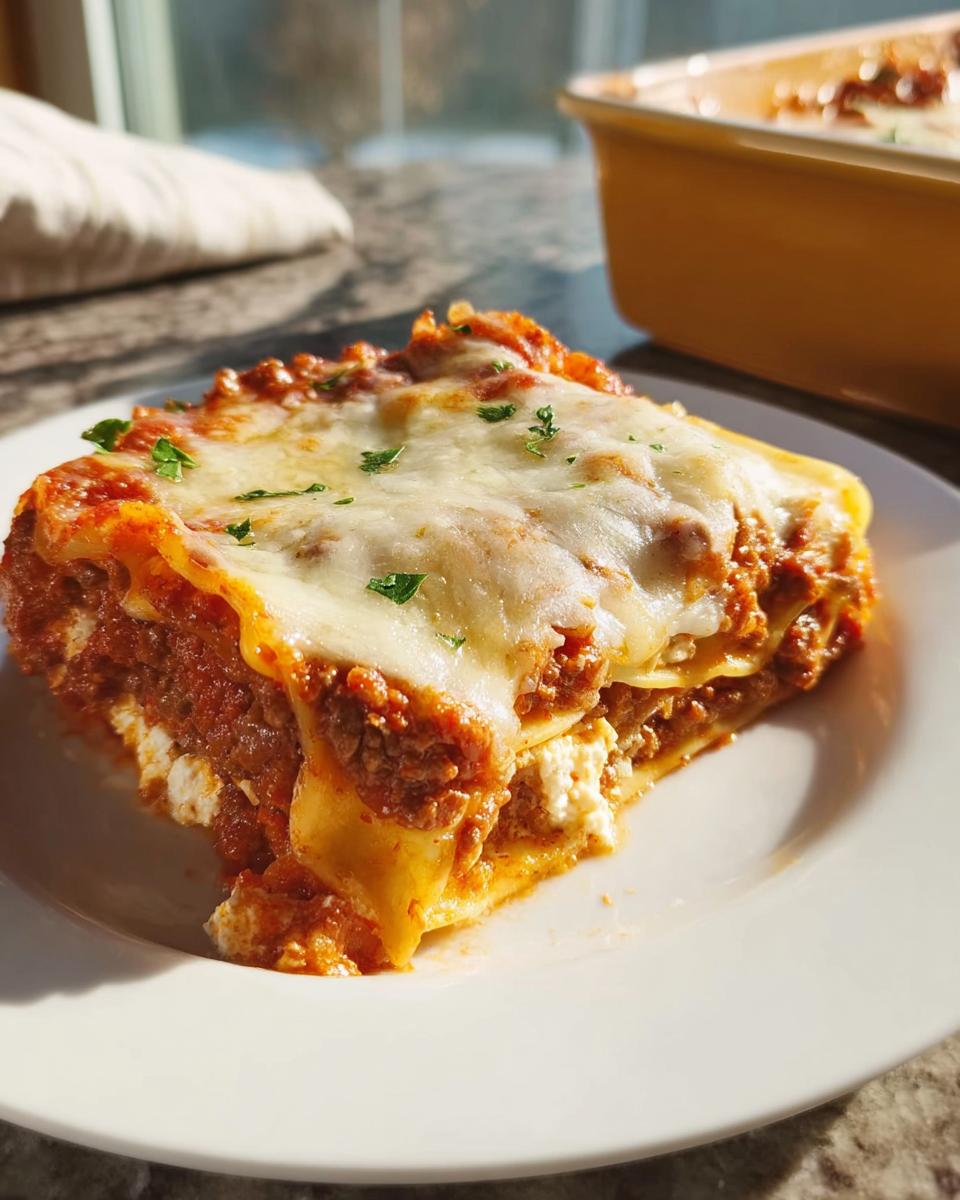 A generous slice of Easy Lasagna Dinner for Busy Families, showing layers of pasta, meat sauce, ricotta, and melted mozzarella.