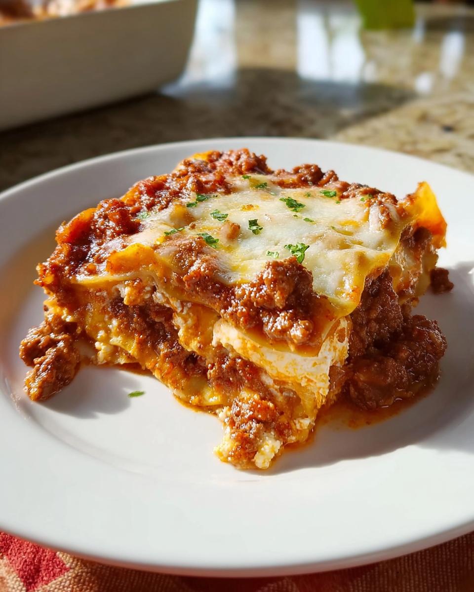 A generous slice of Easy Lasagna Dinner for Busy Families, layered with pasta, ricotta, and rich meat sauce, topped with melted cheese.