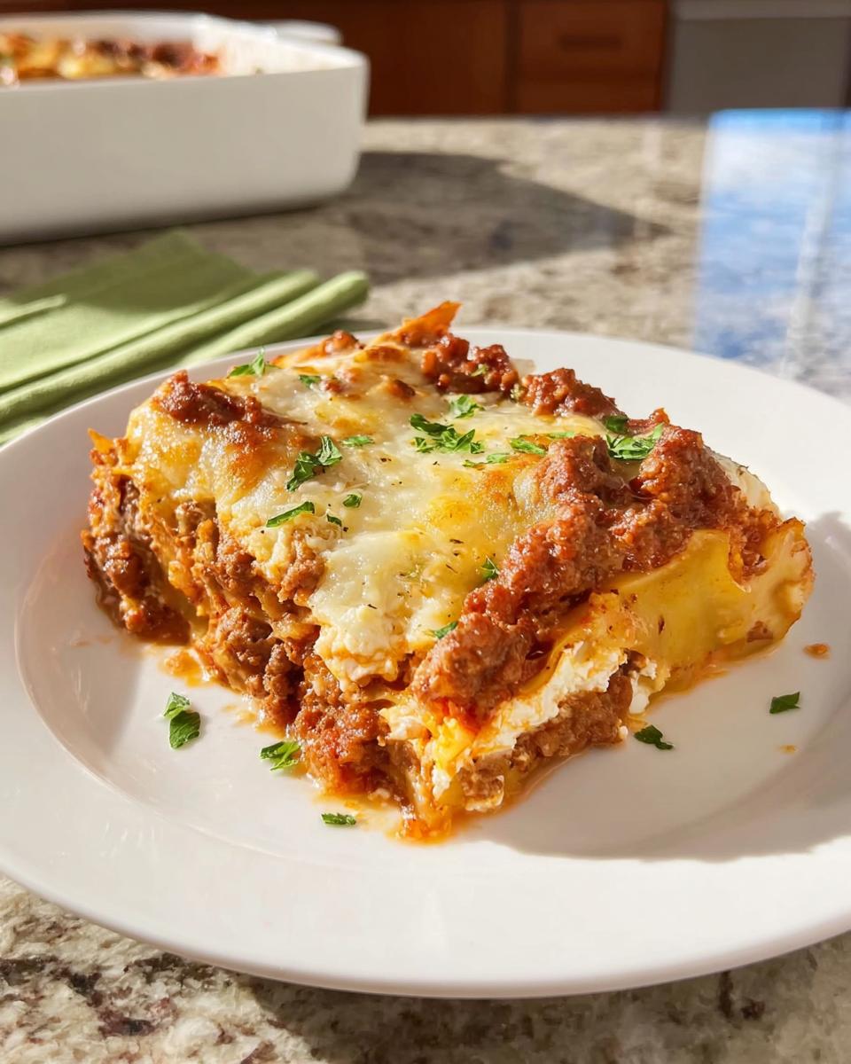 A generous slice of cheesy, saucy lasagna served on a white plate, perfect for an Easy Lasagna Dinner for Busy Families.
