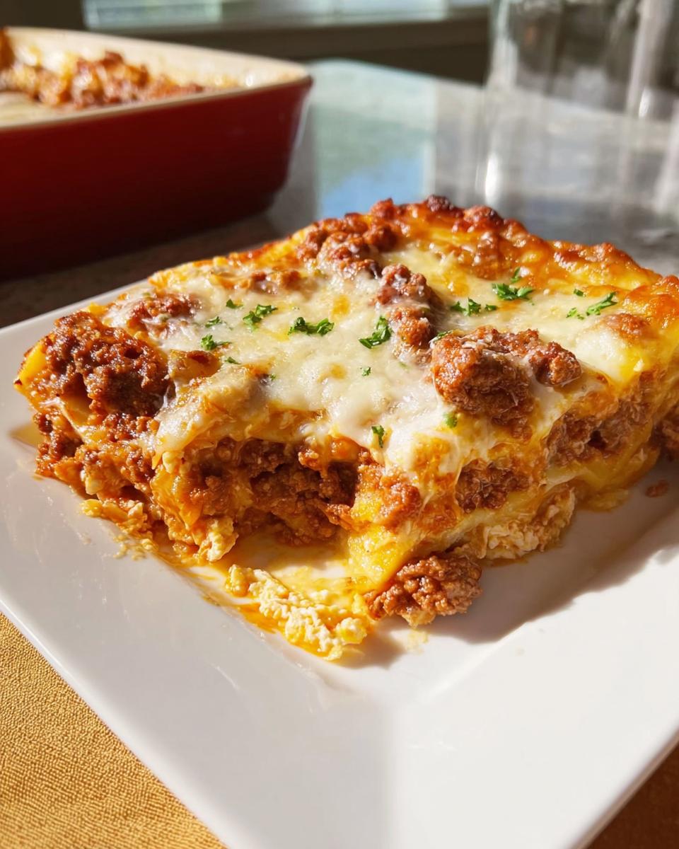 A generous slice of cheesy, meaty Easy Lasagna Dinner for Busy Families served on a white plate.