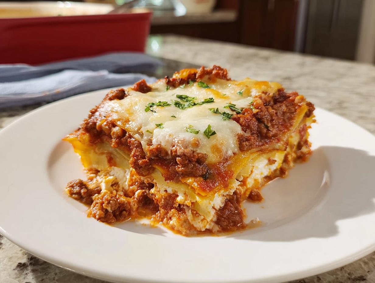 A generous slice of Easy Lasagna Dinner for Busy Families on a white plate, topped with melted cheese and parsley.