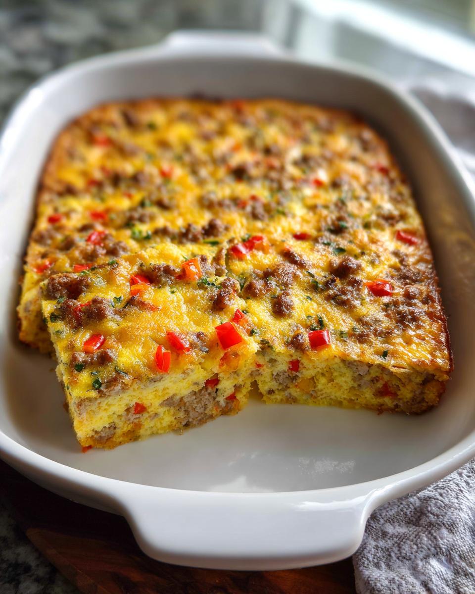 A baked Easy Overnight Breakfast Casserole with sausage and red peppers in a white baking dish.
