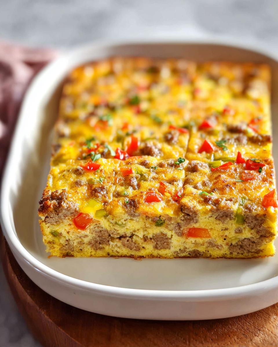 A square portion of Easy Overnight Breakfast Casserole, showing layers of egg, sausage, cheese, and peppers.