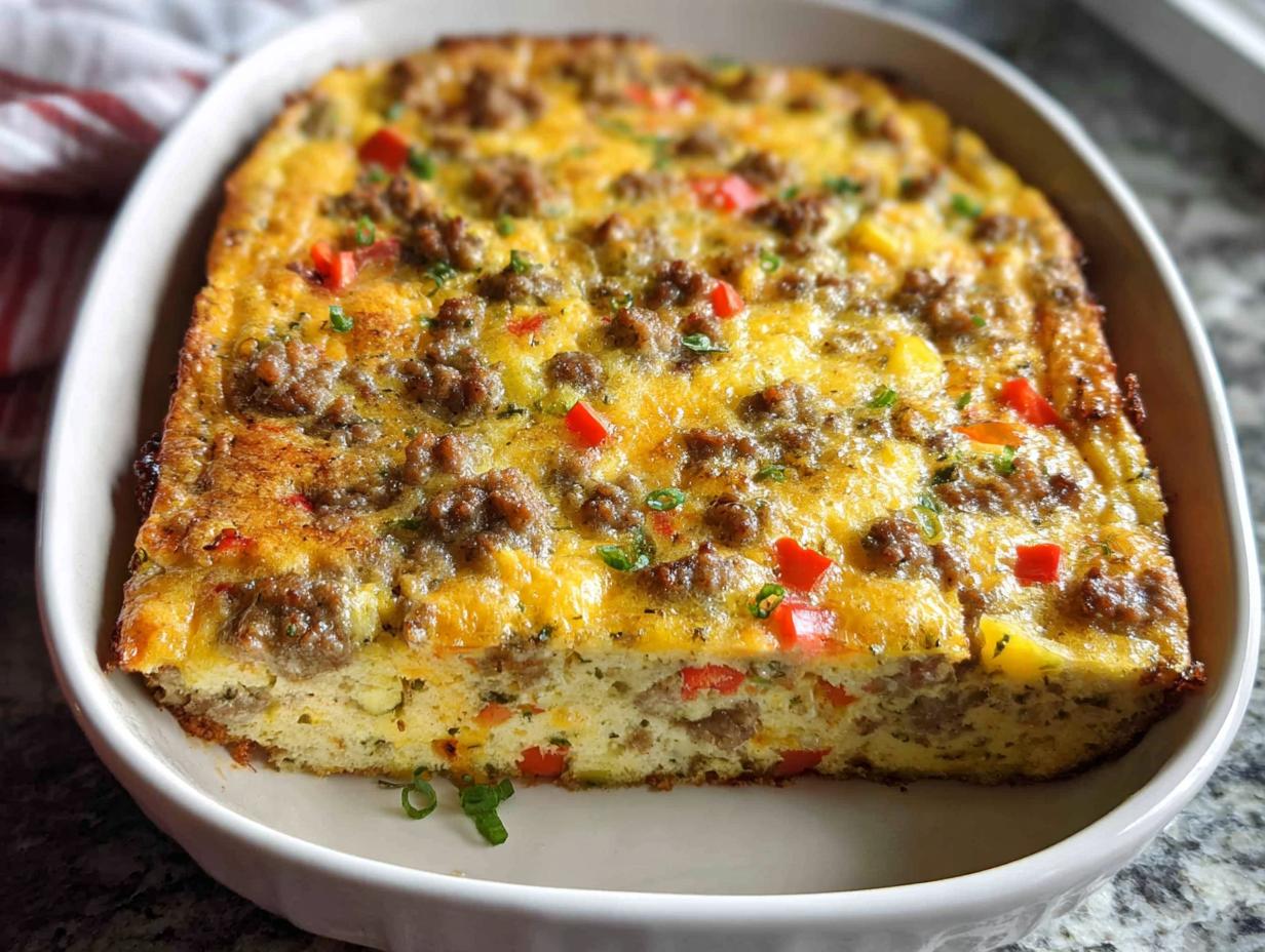 A square portion of Easy Overnight Breakfast Casserole topped with sausage and melted cheese in a white baking dish.