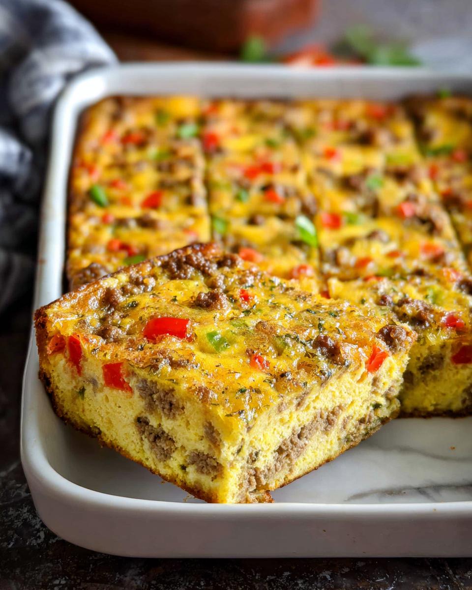 A thick, golden slice of Easy Overnight Breakfast Casserole with sausage and peppers pulled from the baking dish.