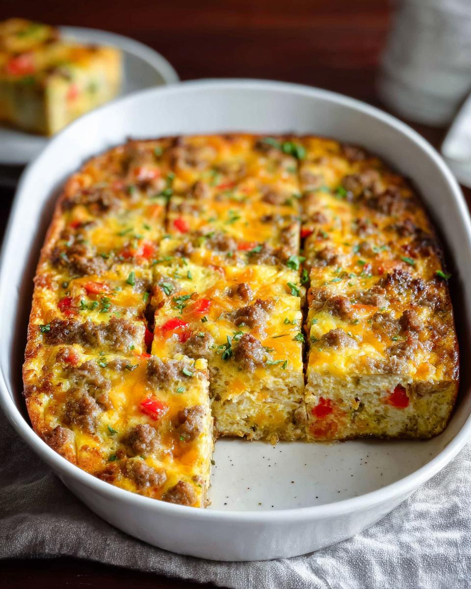 Close-up of Easy Overnight Breakfast Casserole baked in a white dish, topped with sausage, melted cheese, and parsley.