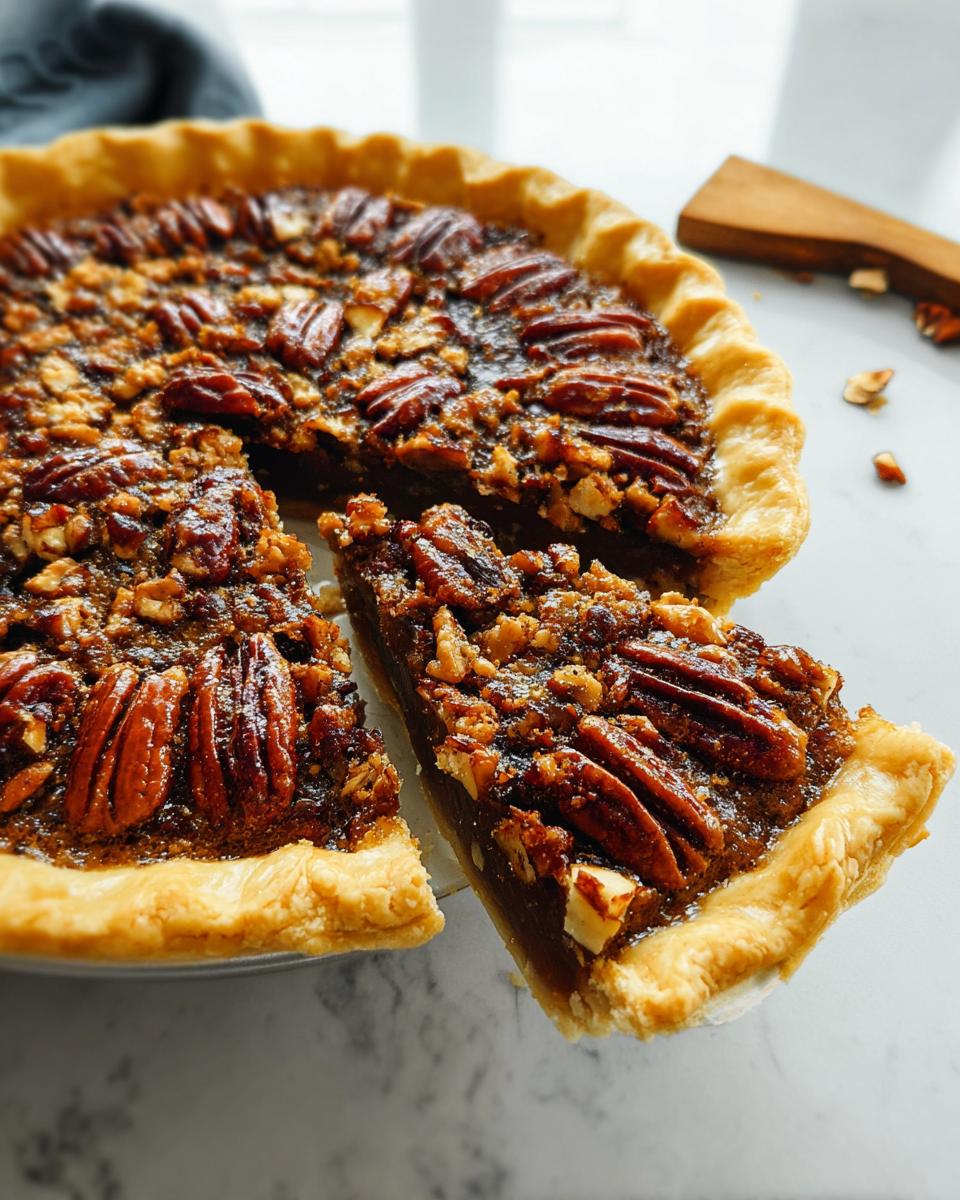 A slice of pecan pie with a golden crust, showing the rich filling and whole pecans, perfect for Thanksgiving Desserts.
