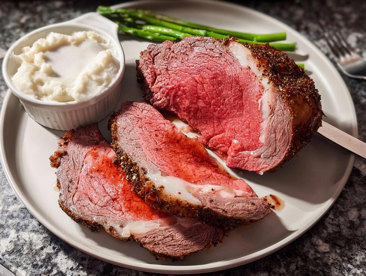 Slices of perfectly cooked Easy Prime Rib for Busy Hosts showing a medium-rare center, served with mashed potatoes and asparagus.