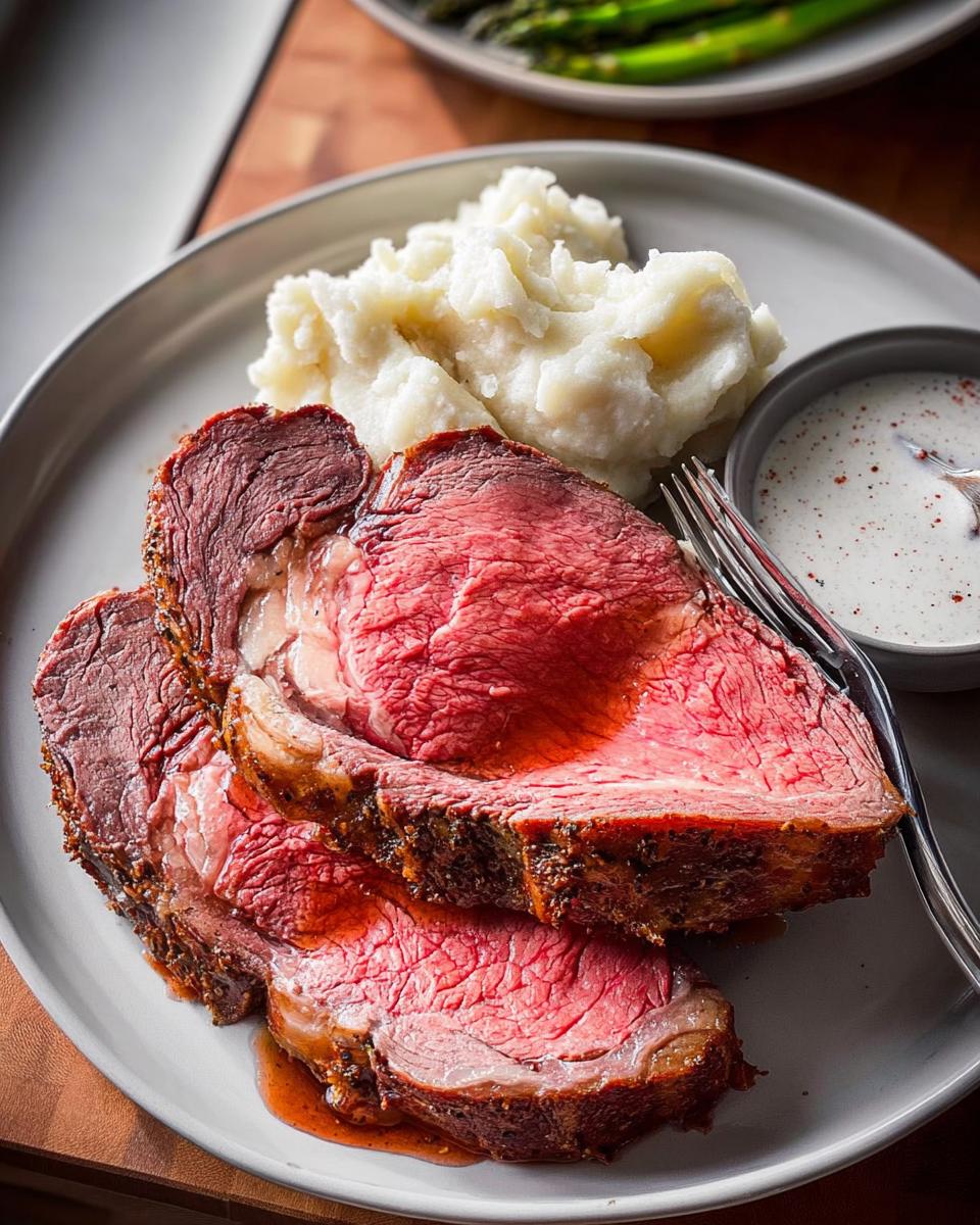 Three slices of perfectly cooked Easy Prime Rib for Busy Hosts, served medium-rare with mashed potatoes and horseradish sauce.