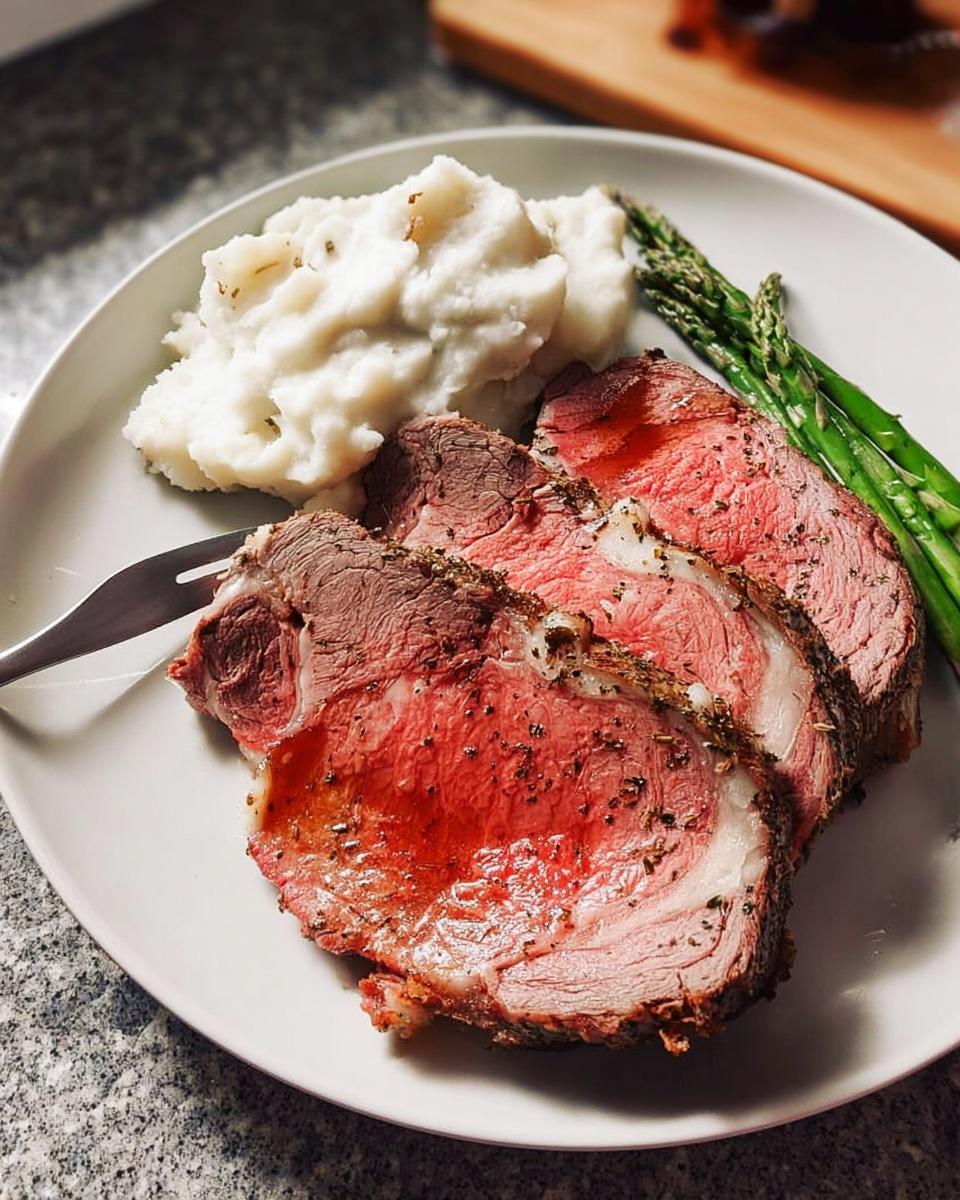 Three medium-rare slices of Easy Prime Rib served with mashed potatoes and asparagus.