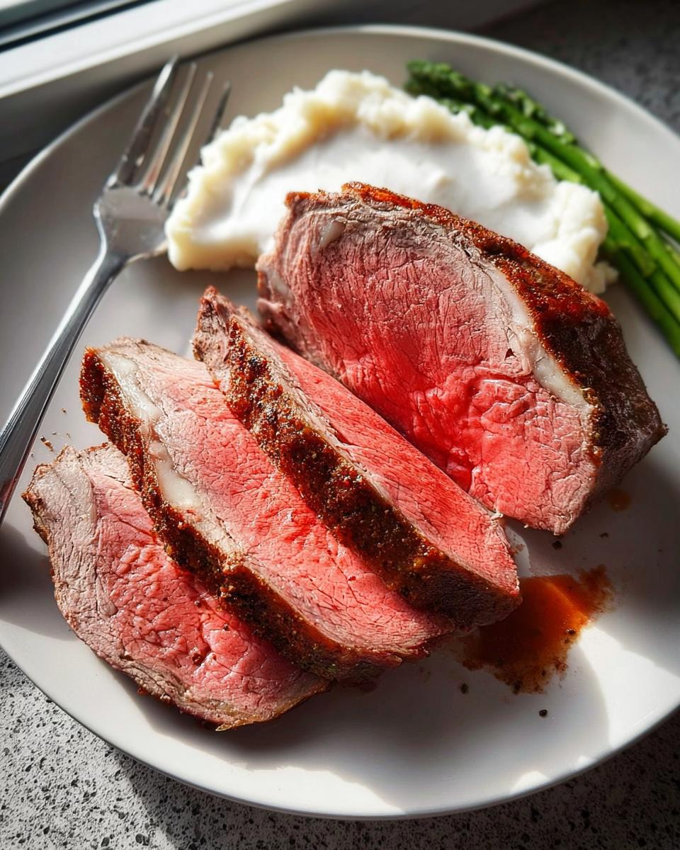 Slices of medium-rare Easy Prime Rib served with mashed potatoes and asparagus.