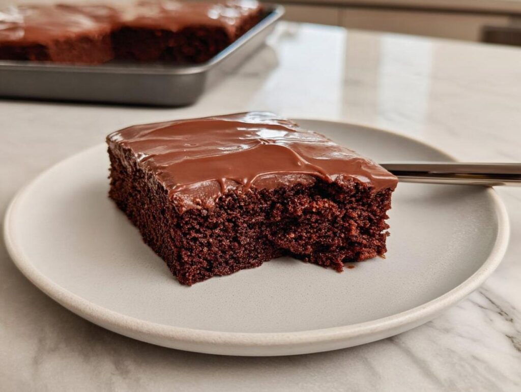 A close-up of a moist slice of Easy Snacking Sheet Cake topped with glossy chocolate frosting on a light plate.
