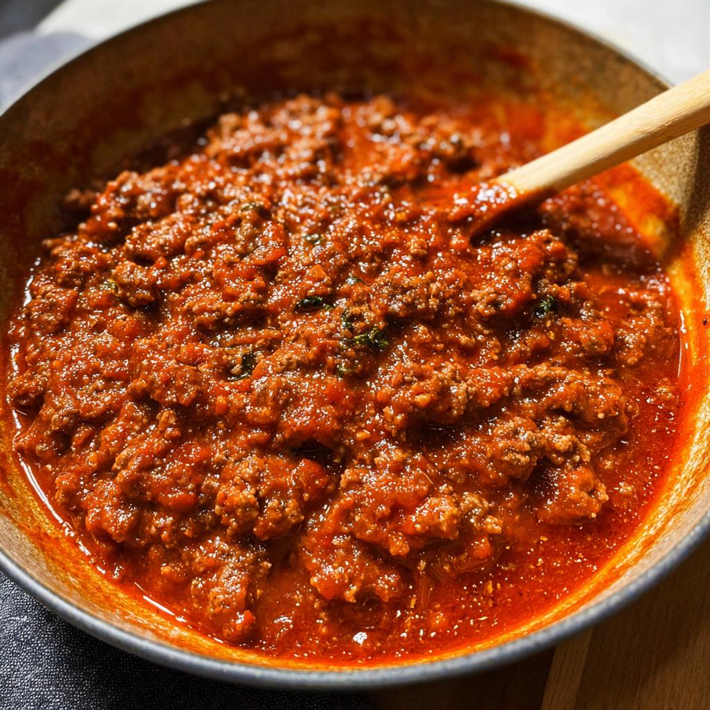 Close-up of rich, thick Easy Weeknight Meat Sauce (Ground Beef Marinara) simmering in a rustic bowl with a wooden spoon.