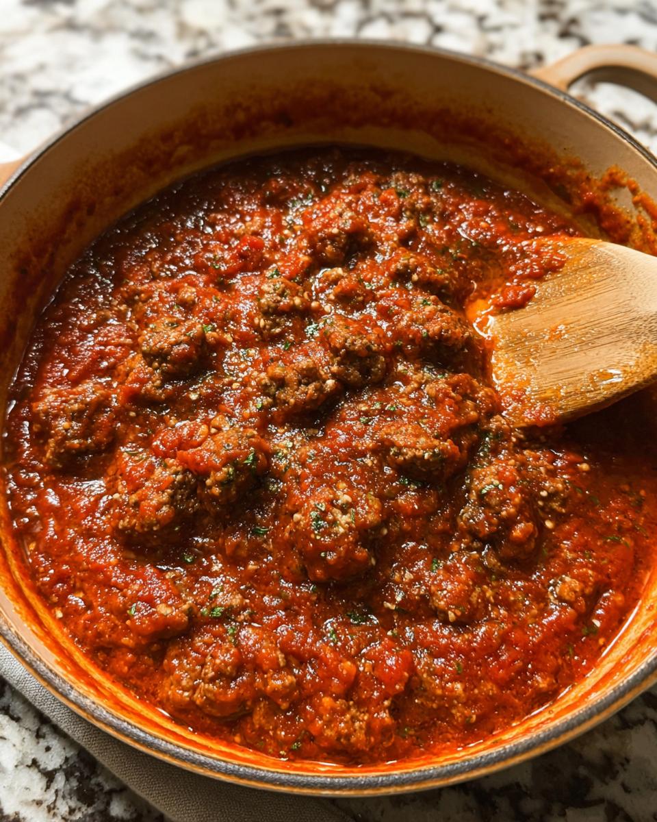 Close-up of rich, red Easy Weeknight Meat Sauce with ground beef simmering in a Dutch oven, being stirred by a wooden spoon.
