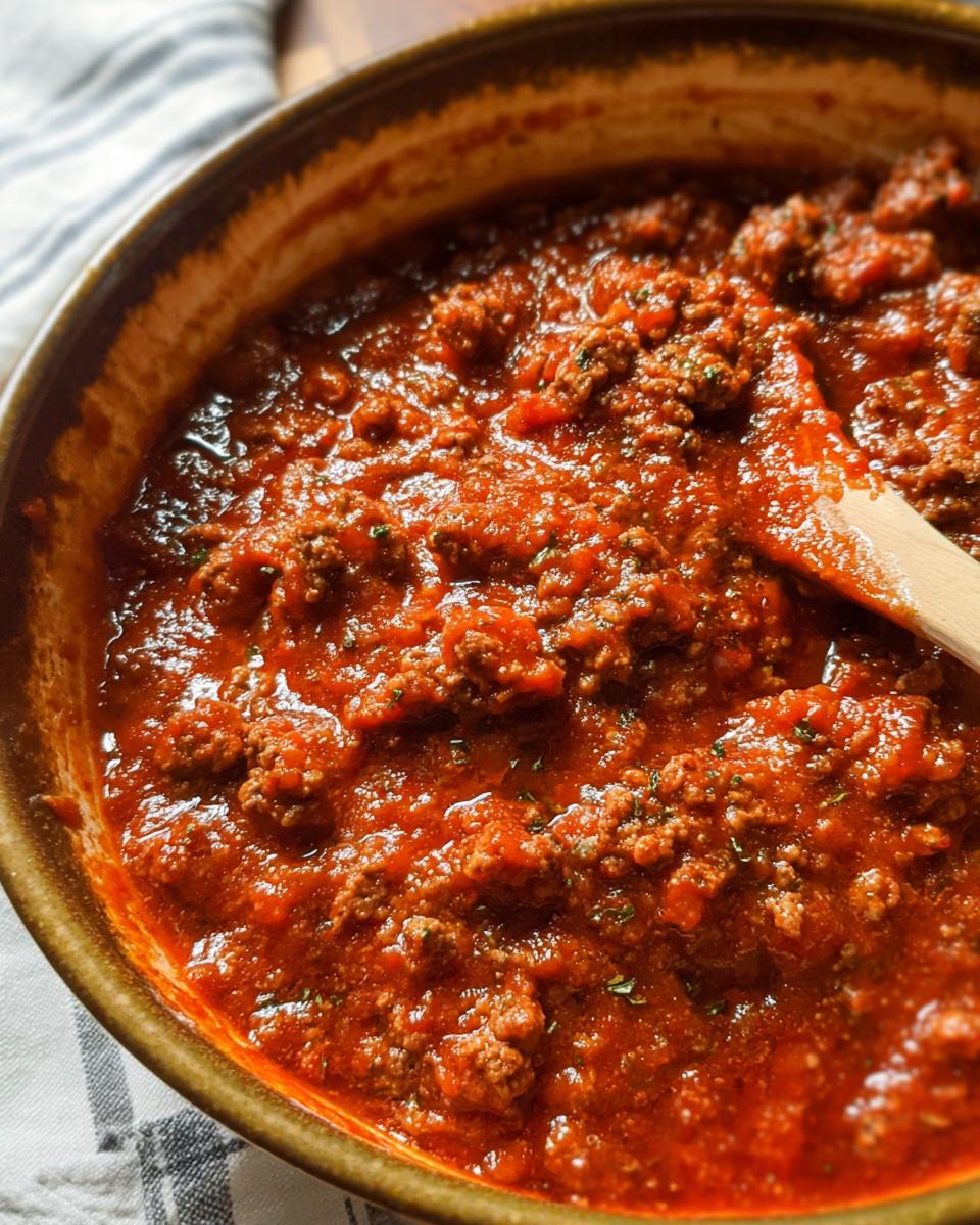 Close-up of rich, thick Easy Weeknight Meat Sauce (Ground Beef Marinara) simmering in a brown bowl with a wooden spoon.
