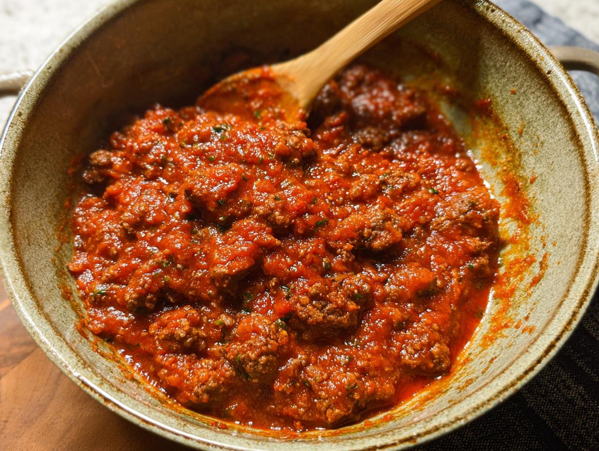 Close-up of rich, thick Easy Weeknight Meat Sauce (Ground Beef Marinara) simmering in a speckled ceramic bowl with a wooden spoon.