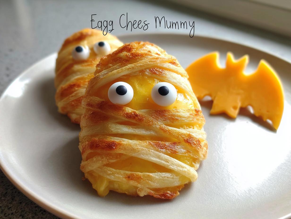Two savory Egg "Mummies" wrapped in golden pastry with candy eyes, next to a cheese bat cutout.