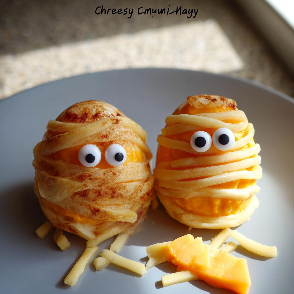 Two cute and savory Egg "Mummies" wrapped in cheese strips with googly eyes, ready to be eaten.
