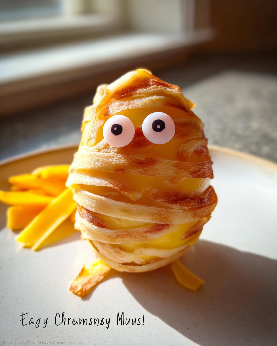 A fun and savory Egg "Mummy" creation, wrapped in pastry strips with googly eyes, served with cheese sticks.