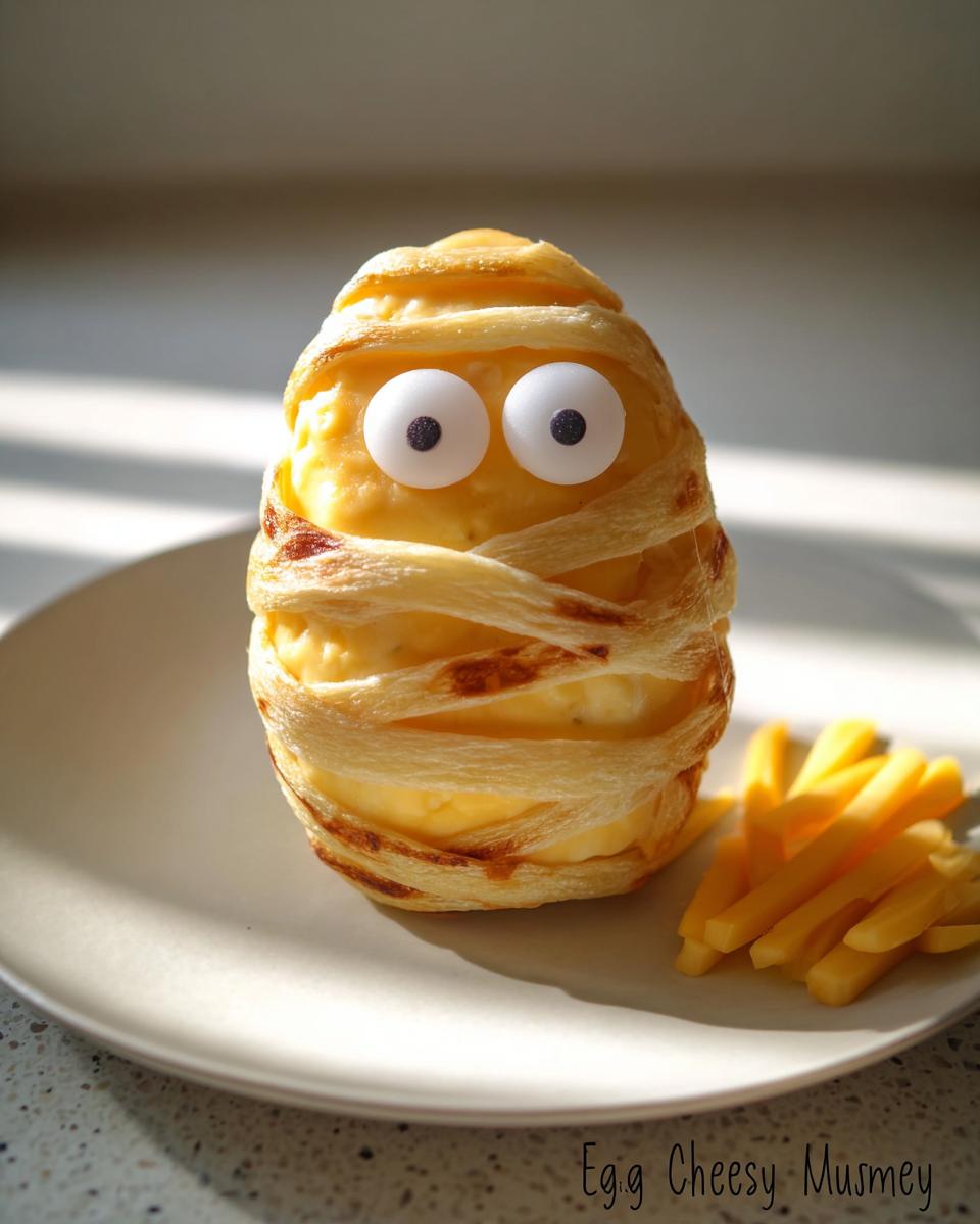 A fun and savory Egg "Mummy" wrapped in pastry dough with googly eyes, served with cheese sticks.