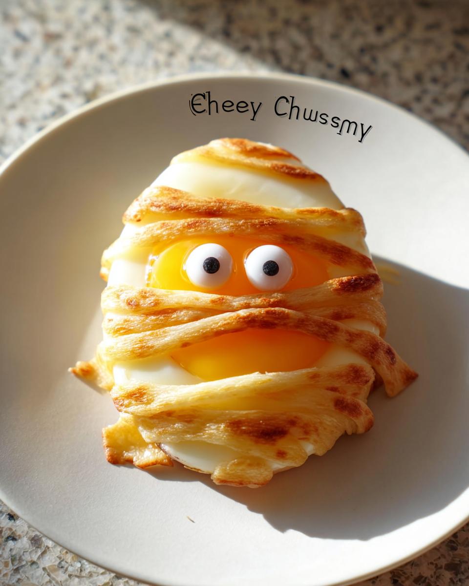 A fun and savory Egg "Mummy" made with pastry strips and googly eyes, perfect for Halloween.