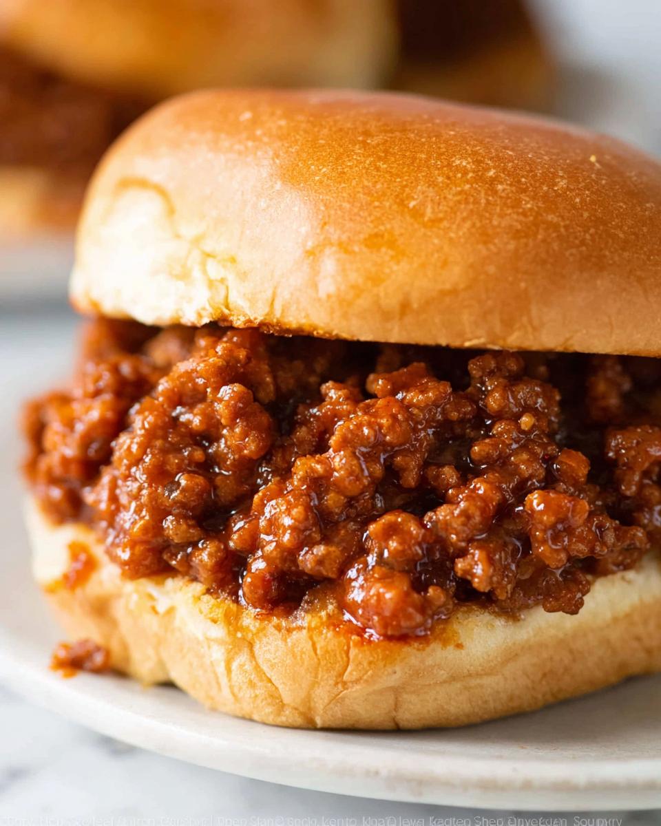 A close-up of a delicious, saucy Sloppy Joes filling piled high on a soft, toasted hamburger bun.