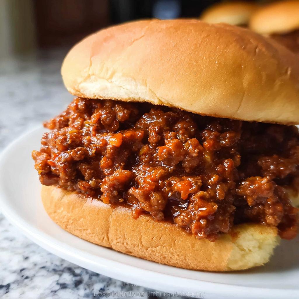 A close-up of a perfectly assembled Sloppy Joes sandwich piled high with saucy ground meat filling on a soft, toasted bun.