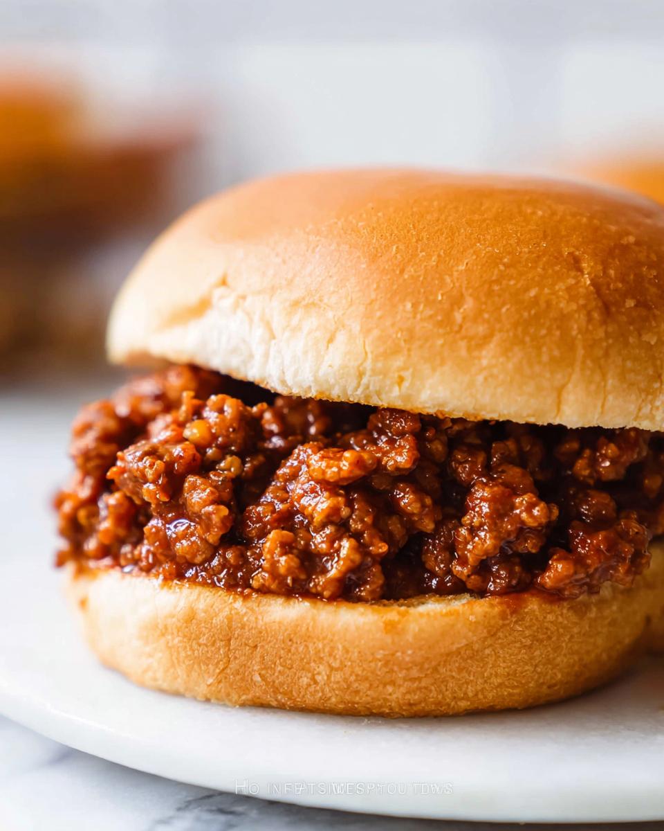 A close-up view of a classic Sloppy Joes sandwich filled with saucy ground meat on a soft, toasted bun.