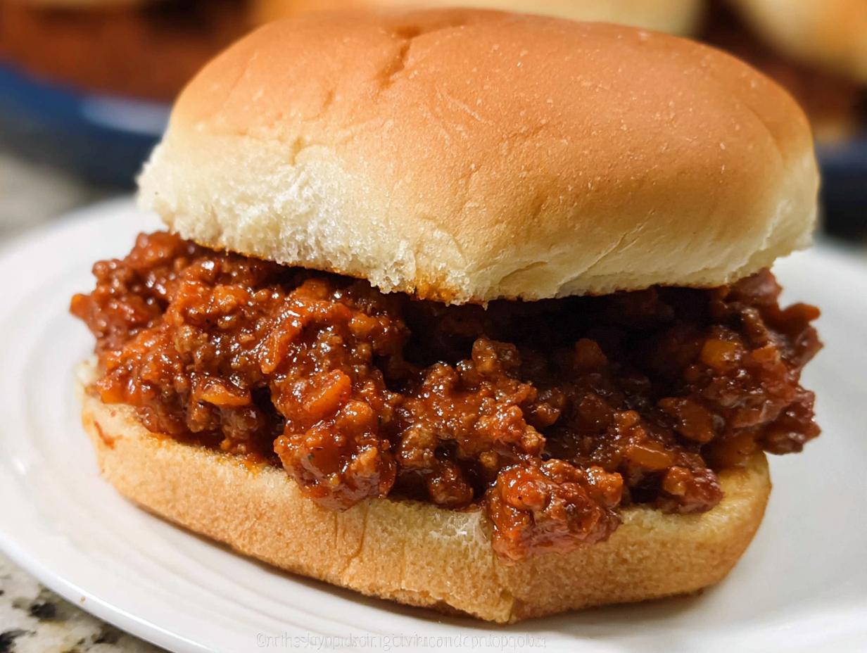 A close-up of a delicious Sloppy Joes sandwich filled with saucy ground meat mixture on a soft hamburger bun.