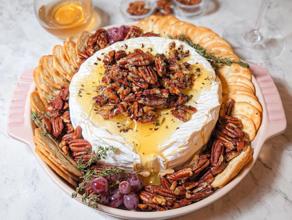 A wheel of Baked Brie with Honey and Pecans, drizzled with honey and surrounded by crackers and pecans.