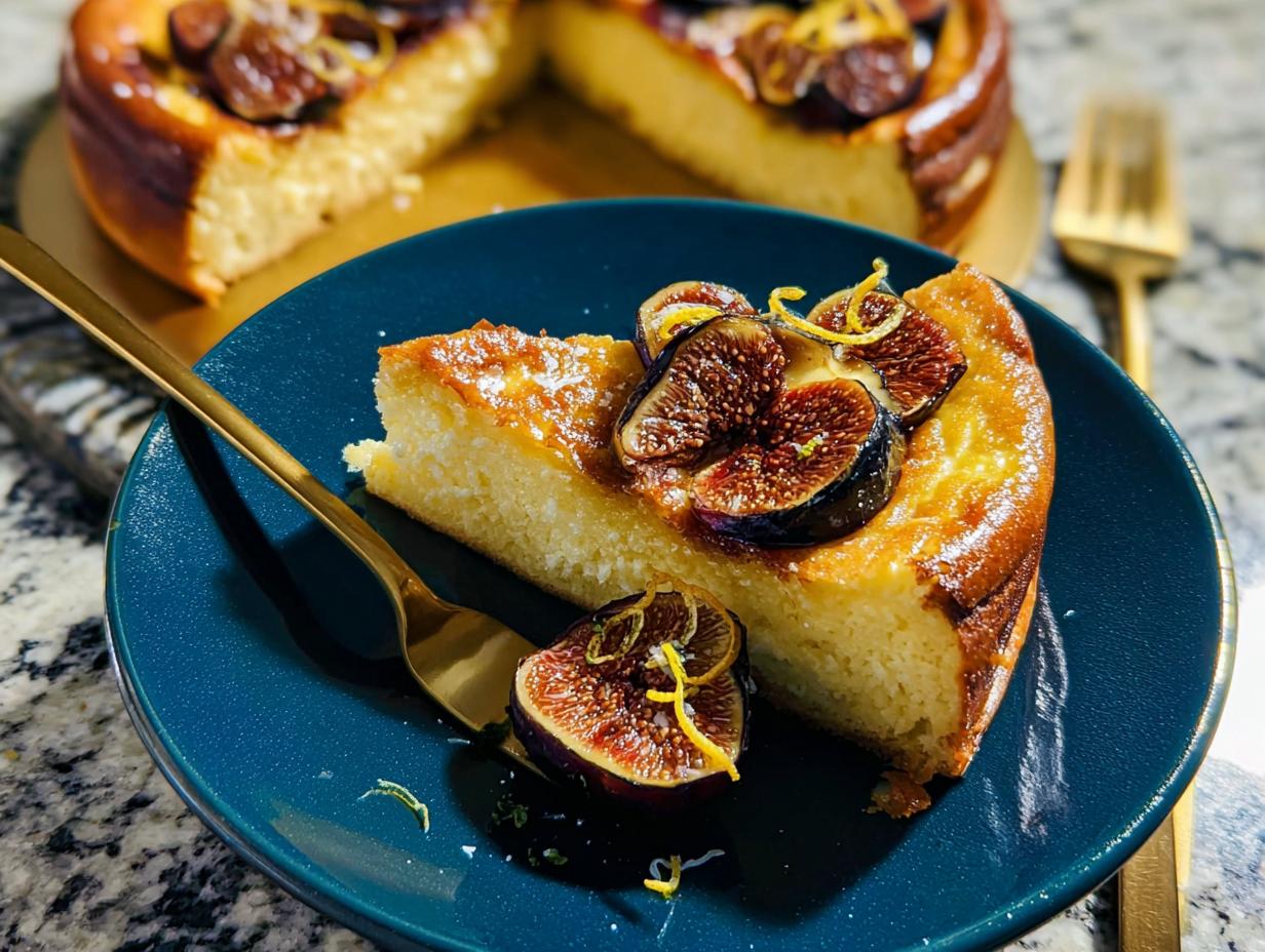 A slice of fig and lemon cake, topped with fresh figs and lemon zest, part of an Ultimate Thanksgiving Desserts Guide.